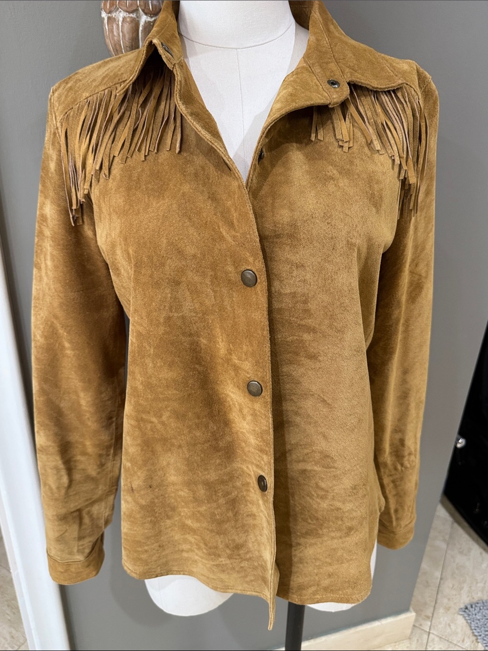 Carole Little Tan Suede Fringe Snap-Front Jacket